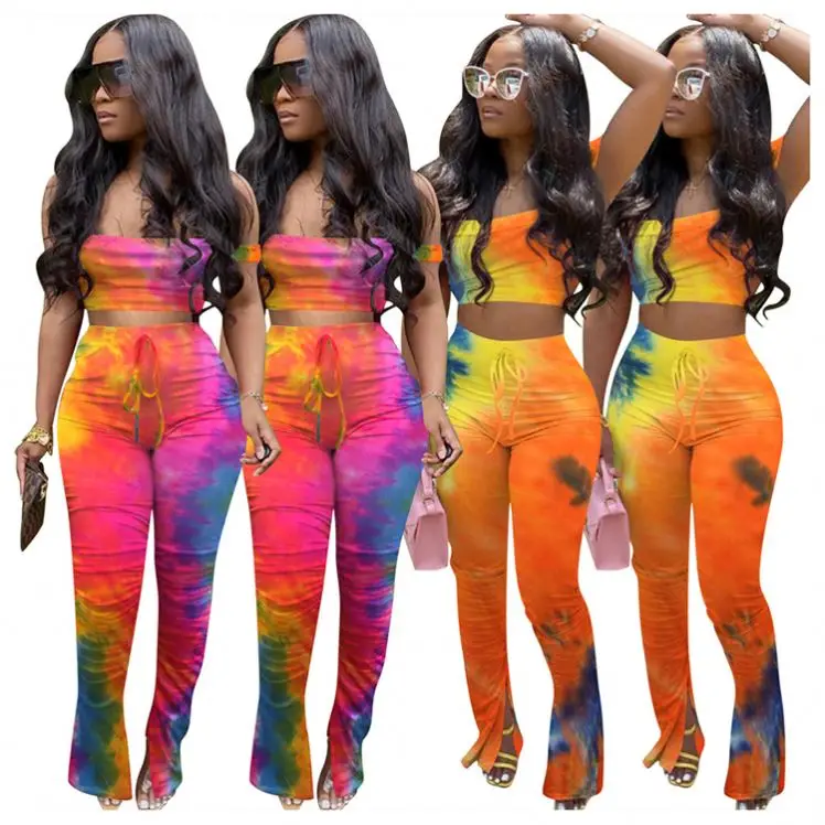 

0620M241 Wholesale Summer Draped Split Tie Dye Sexy 2 Pcs Outfits Two Piece Set Women Clothing