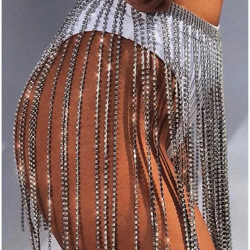 

HYH hot sexy club use rhinestone body tassel skirt