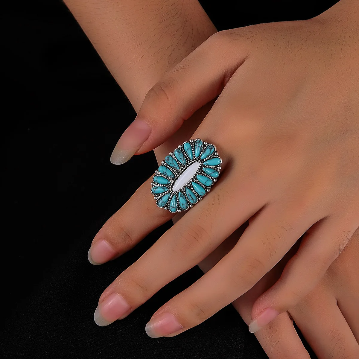 

New 925 Silver Retro Color White Jade Turquoise Exaggerated Ring For Women