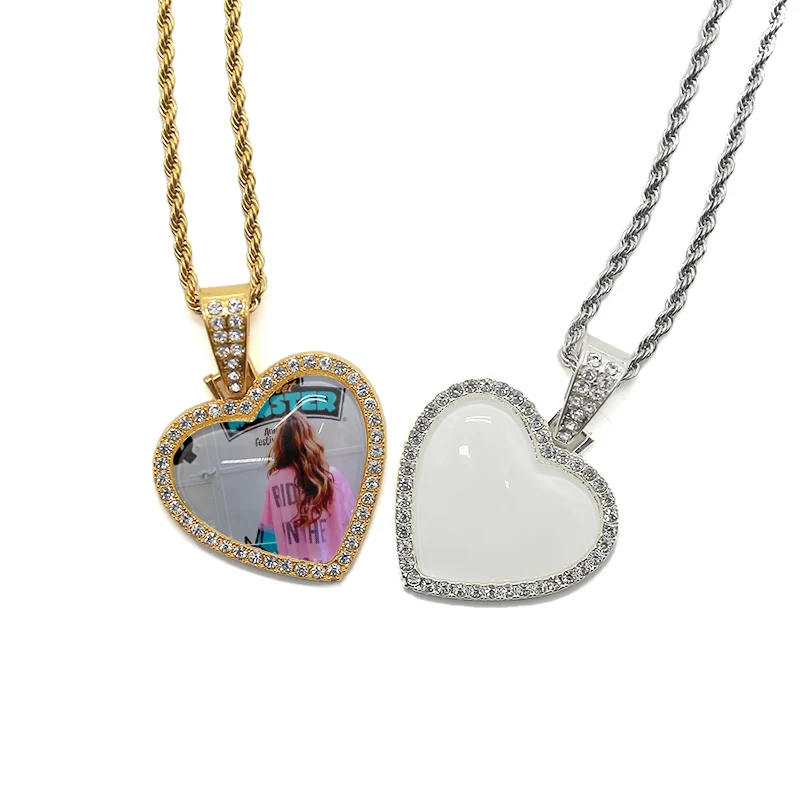 

Fashion Custom Sublimation Hip Hop Diamond Heart Shape Crystal Necklace, Silver/gold