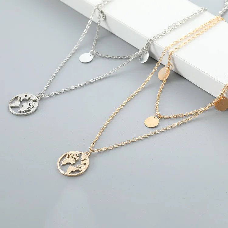 

New world map pendant necklace double wafer pendant set necklace for women