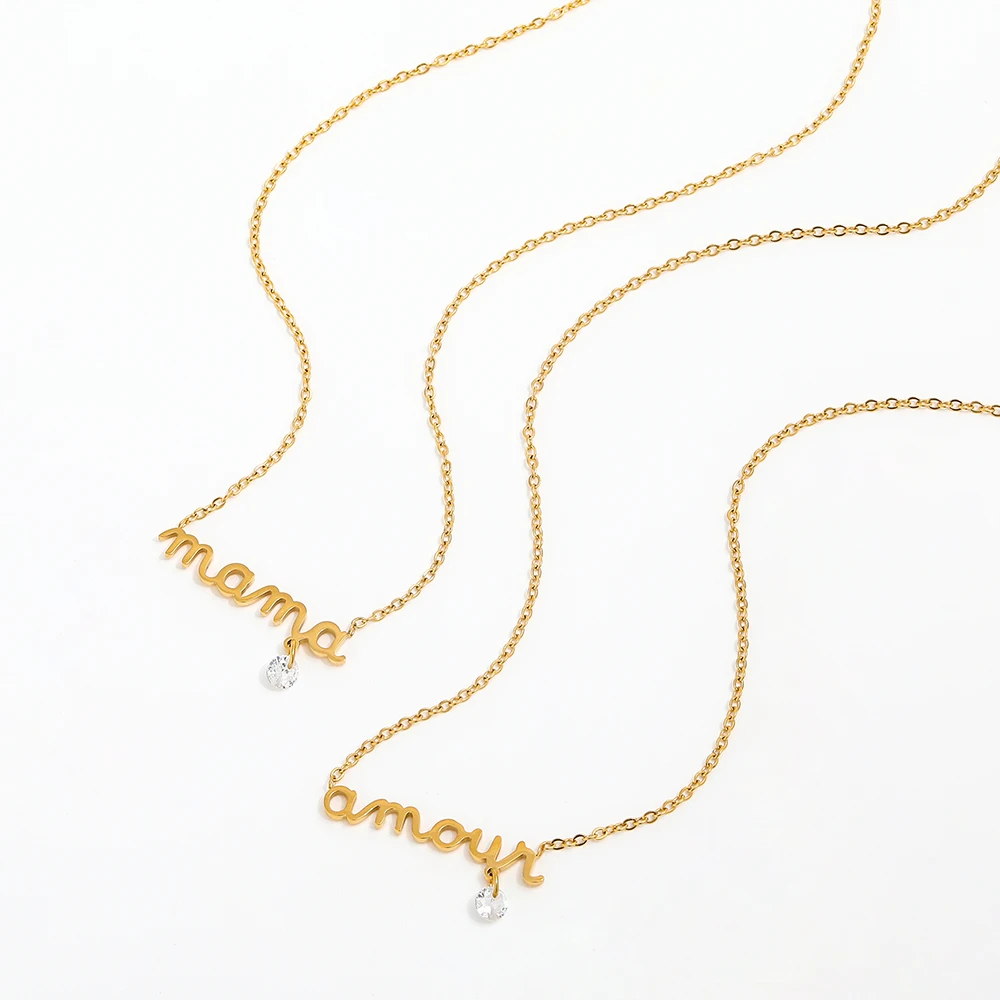 Joolim Jewelry 18K Gold Plated Stainless Steel Mama Amour Letter Pendant with Zirconia Dainty Chain Necklace for Fashion & Gifts