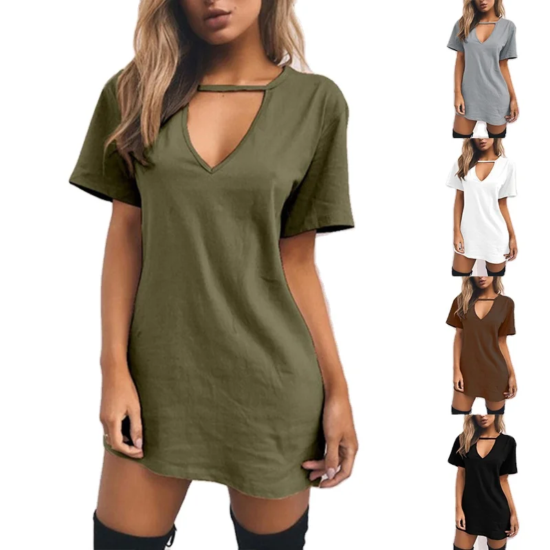 

Summer Women Fashion Casual T-Shirt Dress Deep V-neck Sexy Clothing Tshirt Dress Plus Size