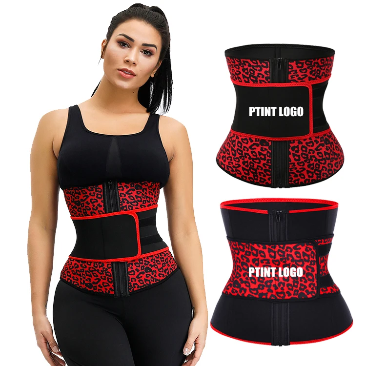 

New Custom Logo Compression Belt Leopard Print Women Belly Fat Burning Neoprene Workout Waist Trainer Private Label, Black,red,blue,purple