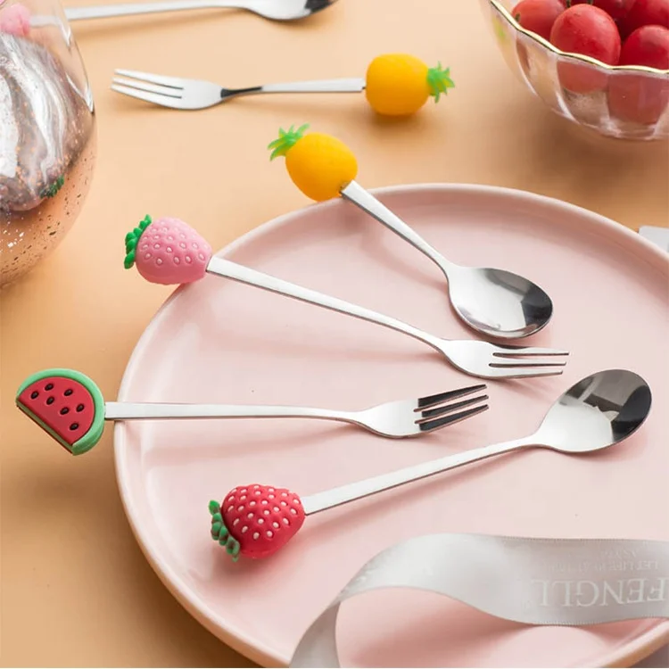 

Amazon Best Selling Stainless Steel Sliver Fruit Fork Creative mini Dessert Cake Fork and Spoon Set for kids, Customized colors