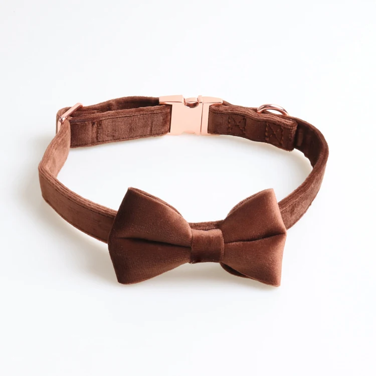 

Wholesale Pet collar Comfortable velvet Rose gold full metal bow tie dog collar