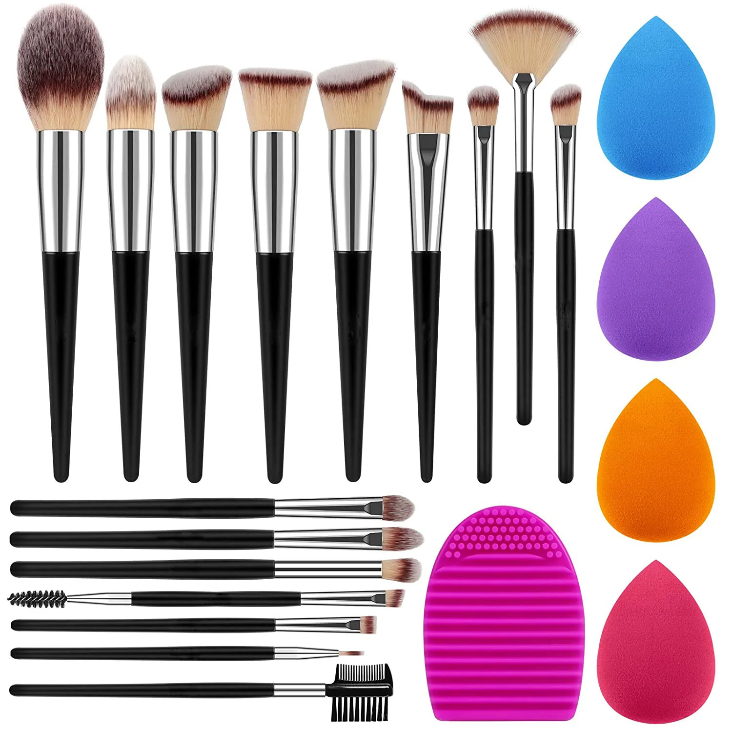 

Beauty Product 16pcs Foundation Eyeshadow Custom Logo Make Up Brush Set With 4 Sponge And Makeup Brush Cleaner Mat