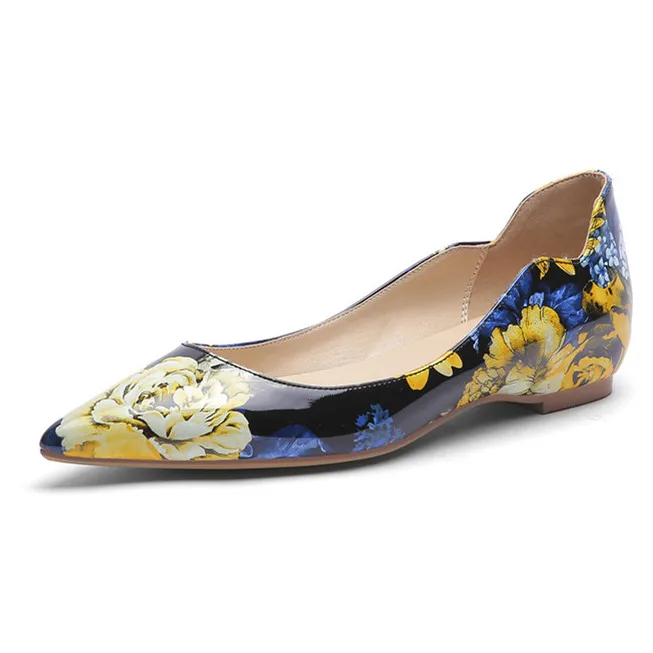 

Hot Sale Patent Leather Floral Print Pointed Toe Pumps Fashion woman flat shoes women