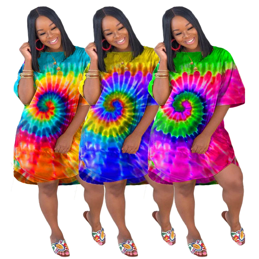 

2021 Summer New Design Casual Short Sleeve Crew Neck Dress Tie Dye Dresses Women, Pink, yellow, red, green, light blue, dark blue, powderblue