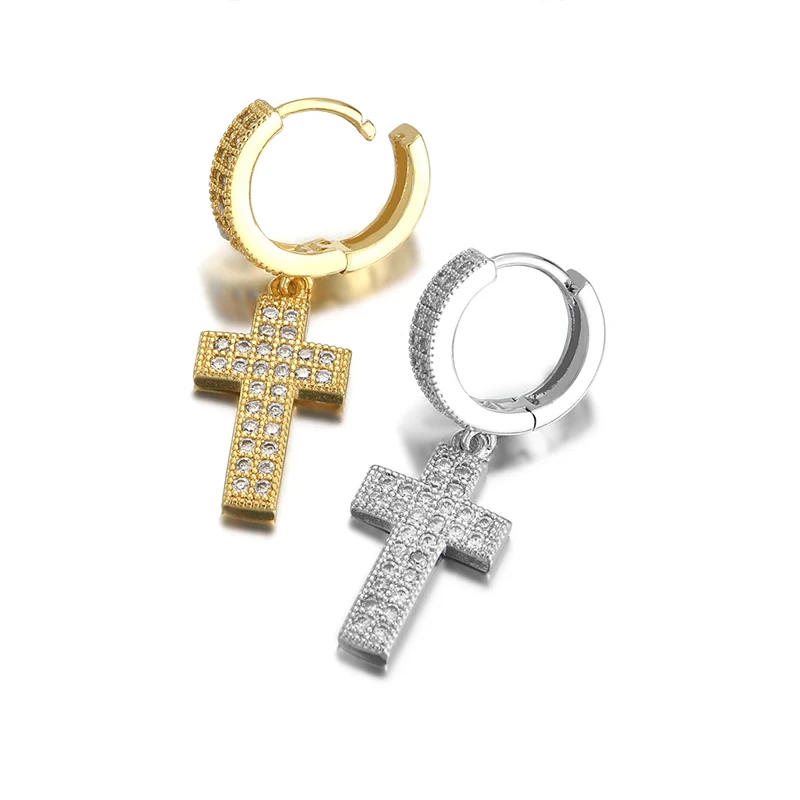 

Blues RTS INS hot copper iced out double row zircon cross hoop earrings, Gold and silver