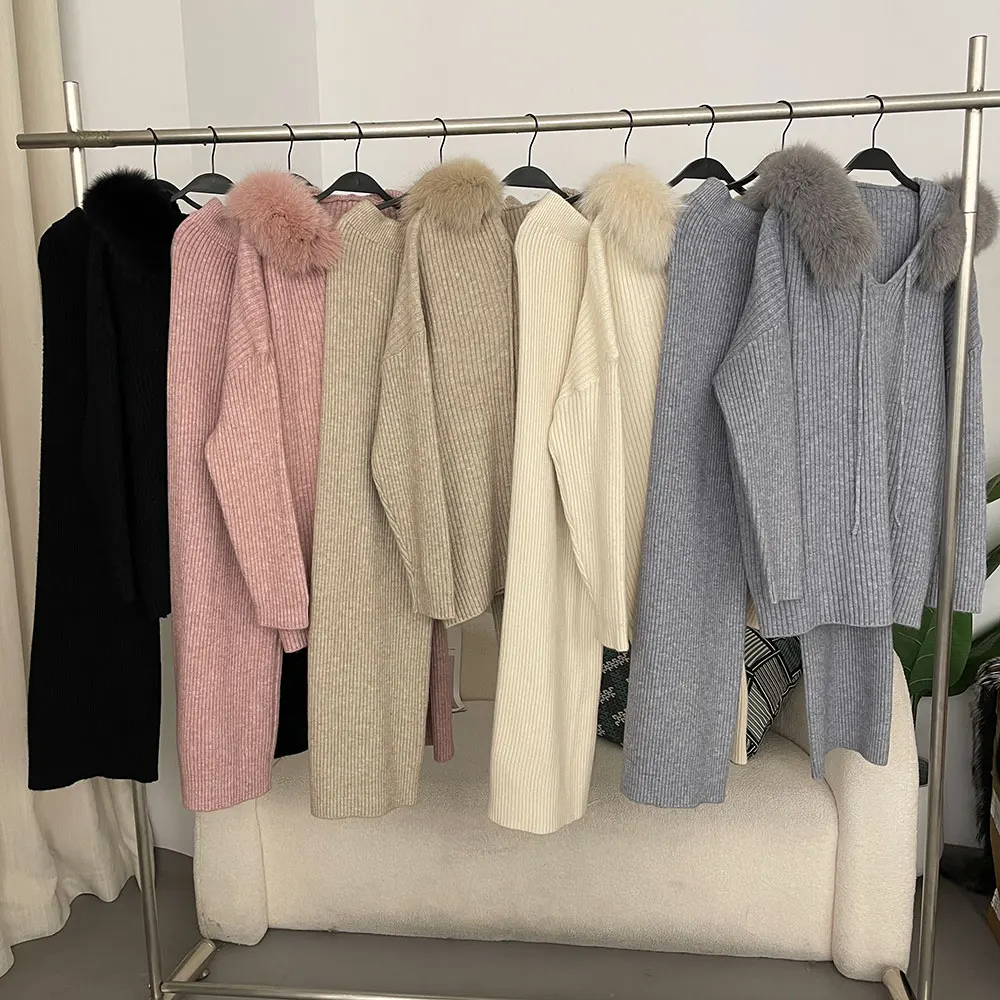 OFTBUY Soft Spring Autumn Blouse Real Fox Fur Warm Knitted Suit Top T-shirt Hooded Women Casual Sweater Loose Lady Elegant