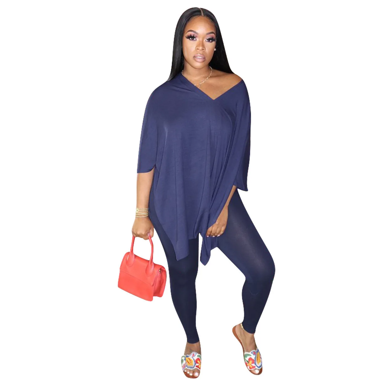 

New product ideas 2021 Ropa Mujer Plain Side Slit Blouse Long Pants Casual Plus size Women Sets Two Piece Set Women Clothing, Picture shows