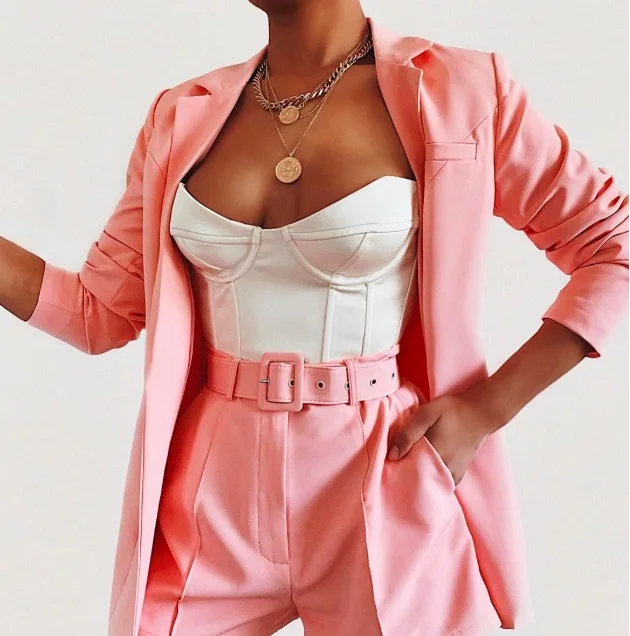 

Women Shorts and Blazer Plaid Suit Coat and Broad-legged Short Two Piece Set Ladies Office Suits Costume Femme 2019, White