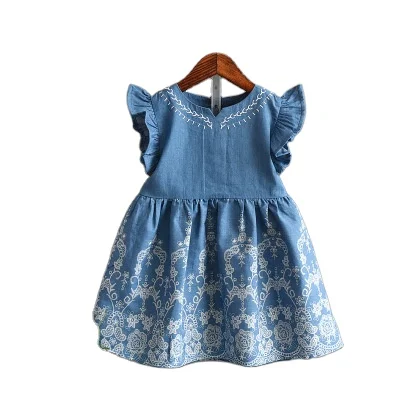 

Korean hot selling wholesale flying sleeve denim embroidery princess solid color kids girl children clothing dress