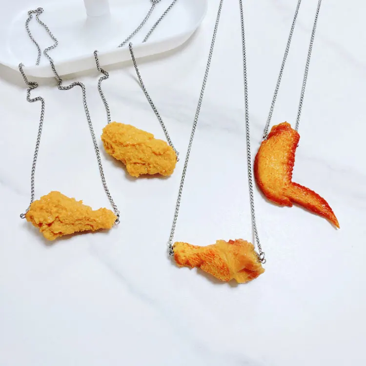 

SC Fashion Chicken Wings Pendant Thanksgiving Day Necklace Personalized Stainless Steel Chain Simulate Fried Chicken Necklace, Silver