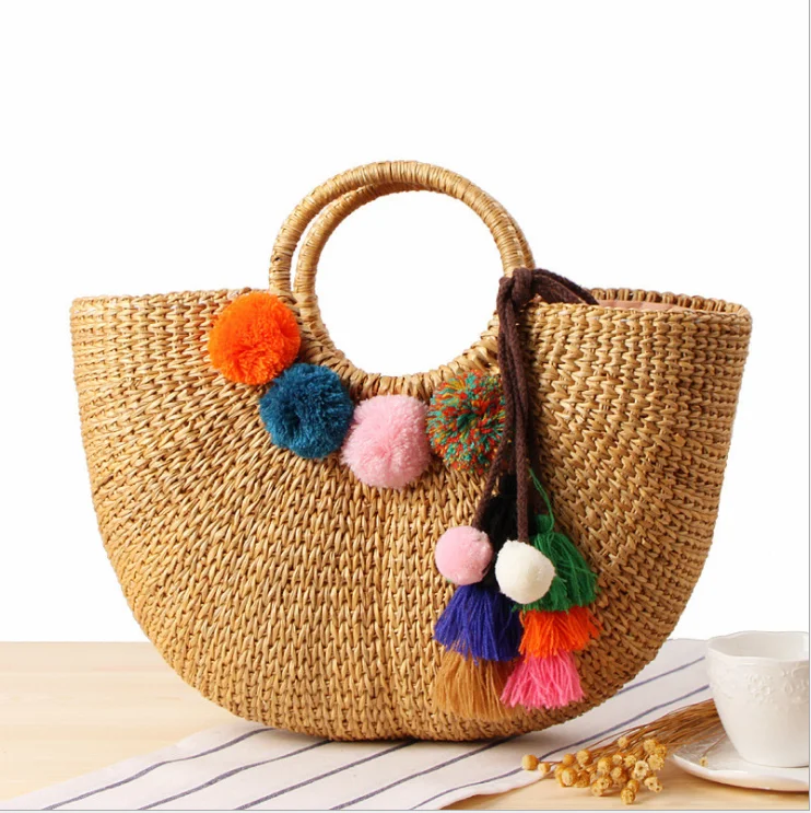 

Women Large Capacity Beach Leather Strap Paper Straw Bag Fashion shoulder bag handmade straw beach bag, Optional