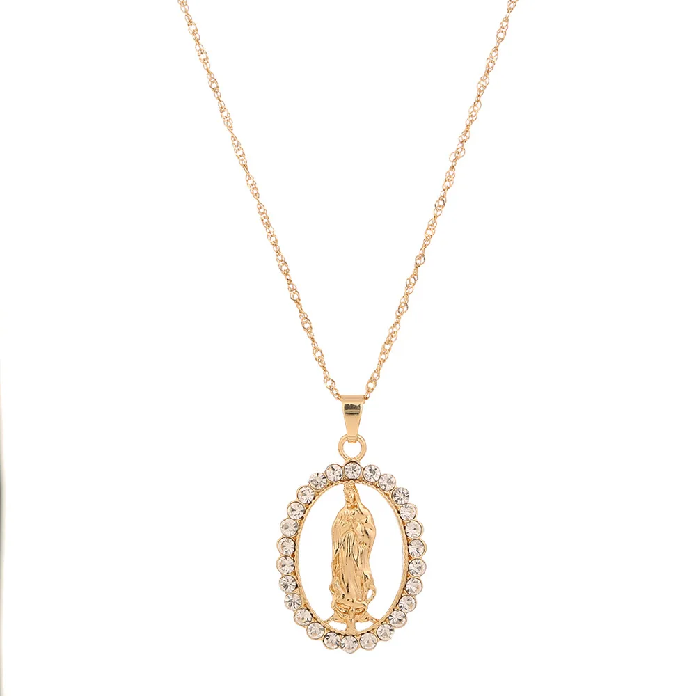 

Lotus new design 18k gold zinc alloy virgin mary with rhinestone necklace