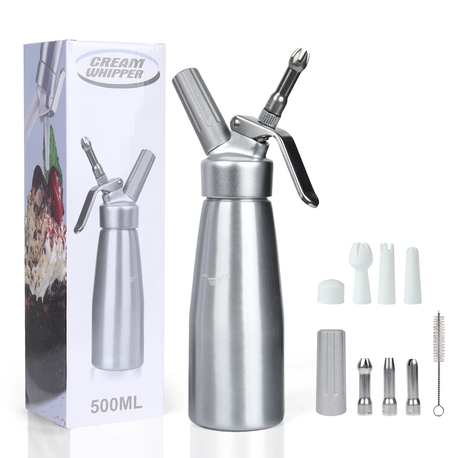 

103-0012 Customized 500ML Stainless Steel Professional Whipped Cream Dispenser with 3 Nozzles Whipped Cream Dispen