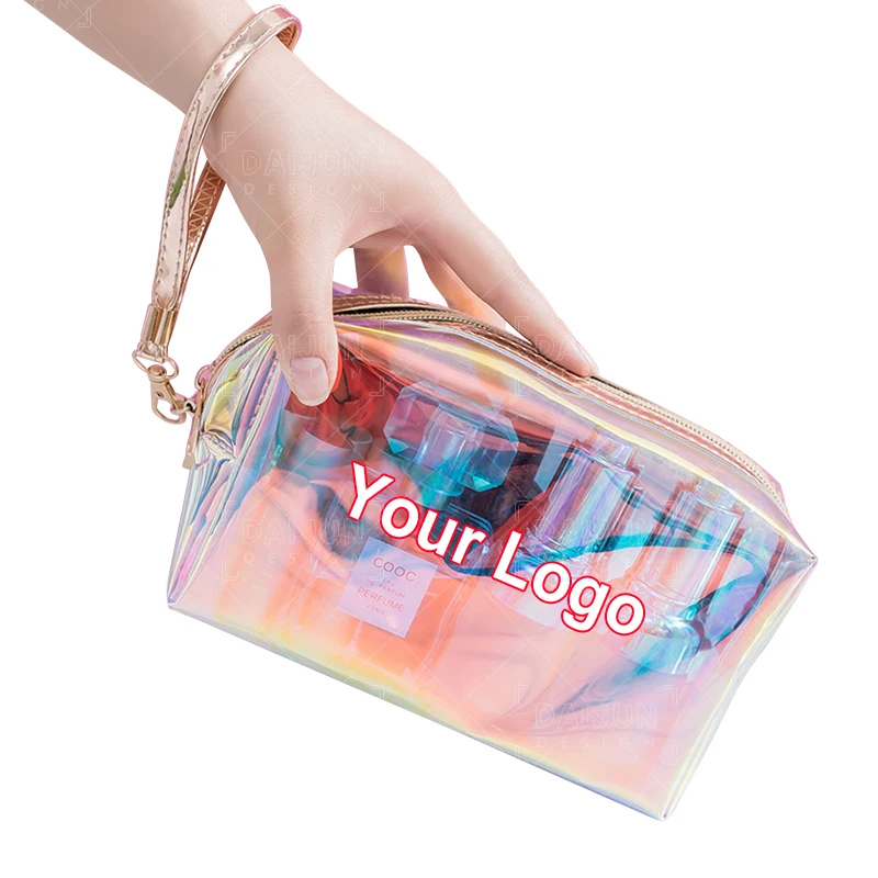 

BSCI factory OEM custom logo transparent TPU holographic laser color luxury makeup bag cosmetic bag low MOQ 100PCS