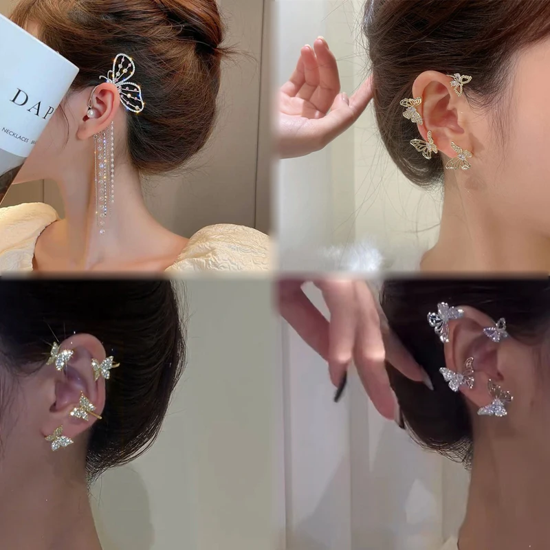 

ins fashion punk gold silver metal butterfly leaf shape ear clip non pierced women zircon ear clip earrings wedding jewelry
