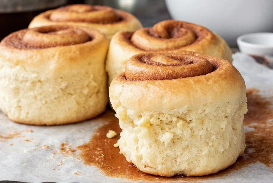 Finished cinnamon buns on white plate with creamy icing drizzled over golden brown rolls, showing perfect spiral filling and soft texture