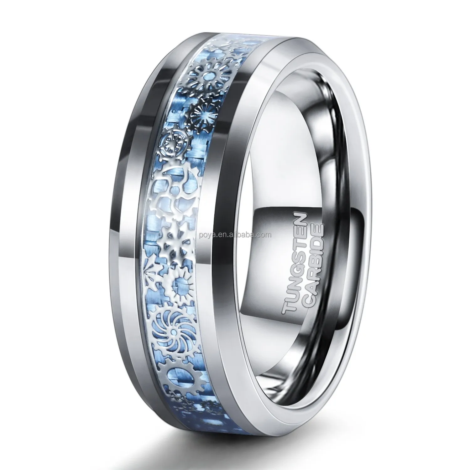 POYA Steampunk Gear Wheel Tungsten Ring Blue Carbon Fiber Inlay 8mm Wedding Band for Men