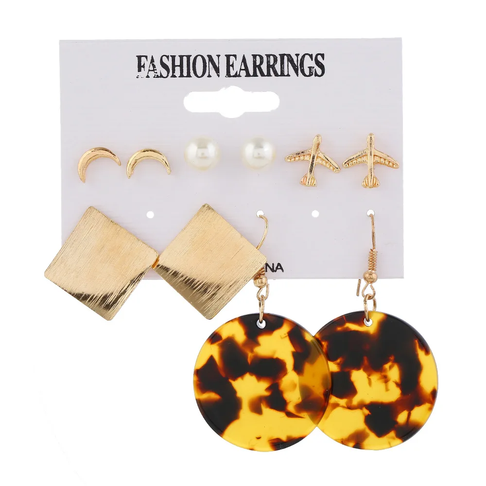 

Creative Simple Style Gold Plated Tiny Moon Plane Pear Square Shaped Stud Women Leopard Acrylic Earring Set Jewelry For Girls, Color plated as shown