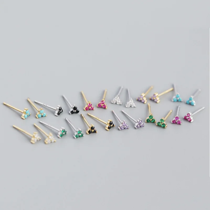 

Wholesale Tiny 925 Sterling Silver Minimalist Colorful Jewelry Zircon Setting Triangle Mini Stud Earrings For Girls