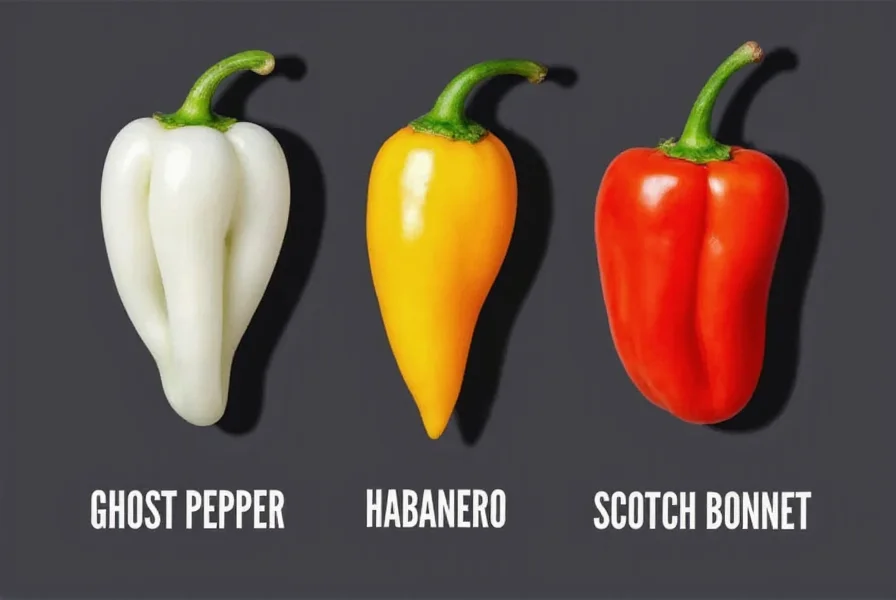 Comparison chart showing ghost pepper, habanero, and scotch bonnet peppers side by side for visual identification