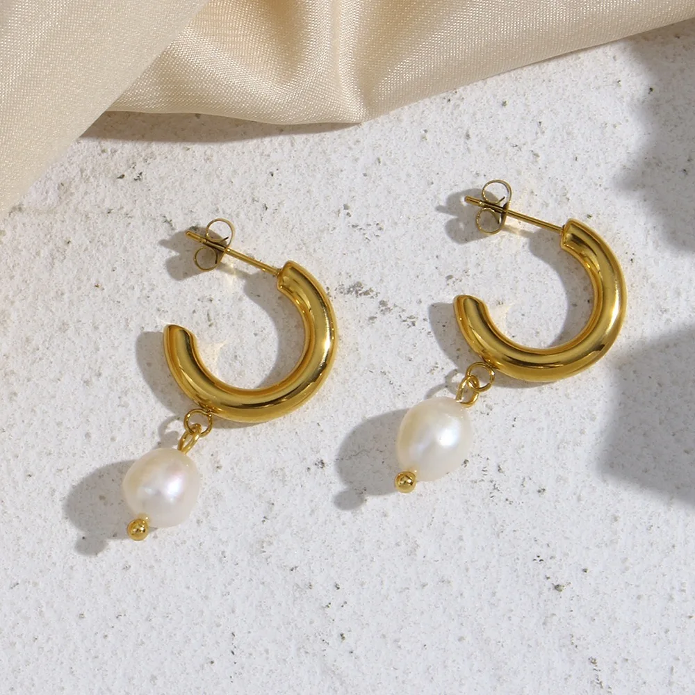 Stainless Steel Gold Plated  Huggie Hoop Earrings  C Shape Natural Fresh Water Pearl Drop Earrings Jewelry