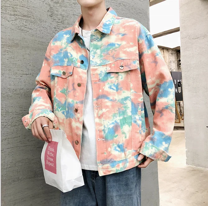 

European and American hip hop tie dye denim jacket couple's gradual color men's denim jacket