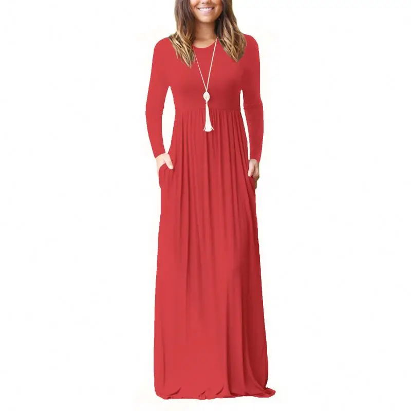 

Spring and summer the new solid color round neck long sleeve dress evening silk dress for women party night long dress