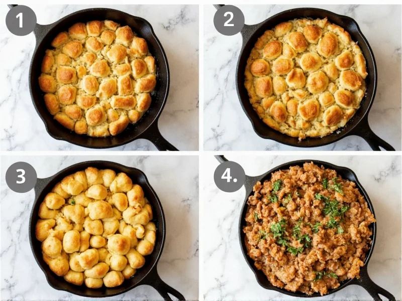 Four homemade bread stuffing variations in mini cast iron pans