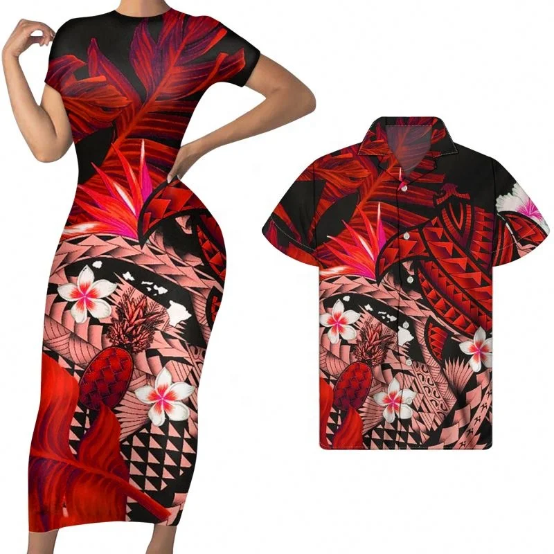 

Couple Set Clothing Red Plumeria Pineapple Tribal Polynesian Custom Print Women Party Long Dress Match Men Shirts 2021new, Customized color