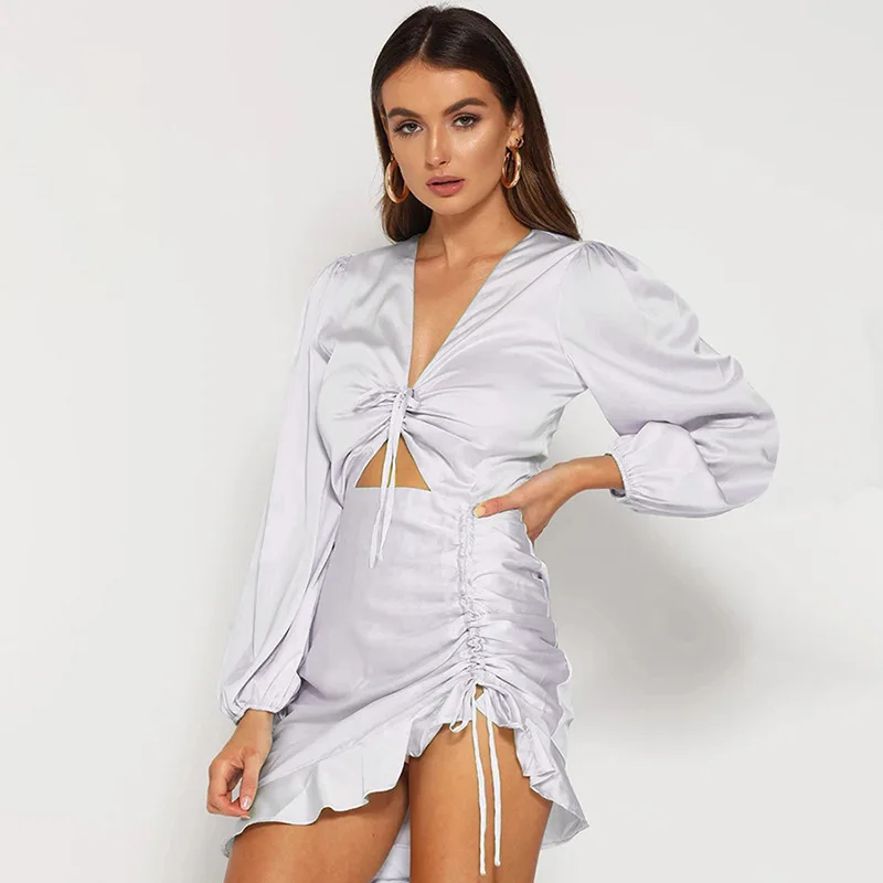 

Mutongyi Summer Women Deep V Neck Desginer Dresses Above Knee Cut Out Mini Retro Bell Sleeve Front Knot Cutout Dress