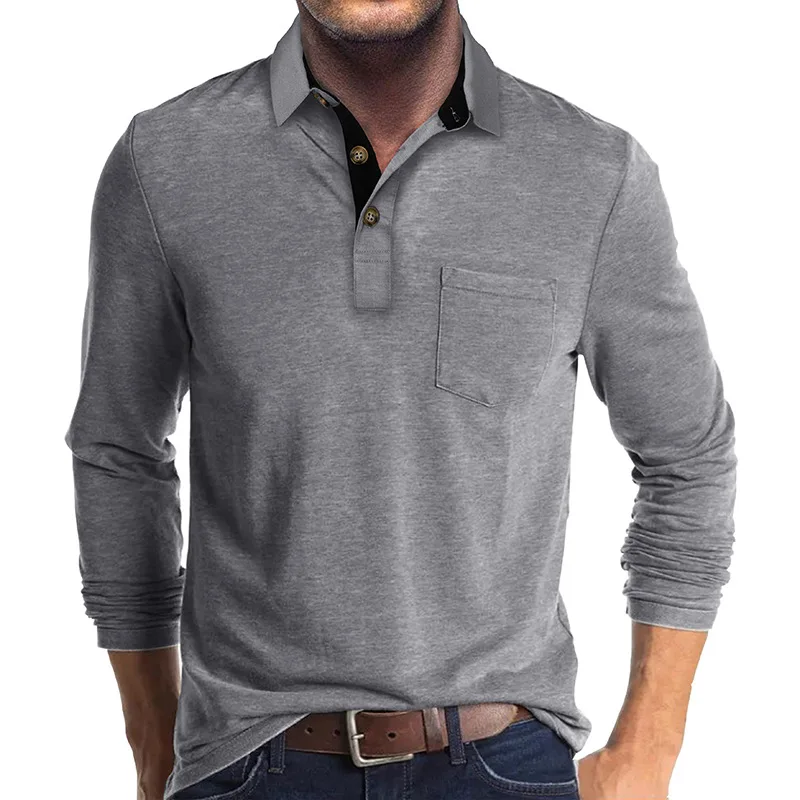 RNSHANGER Trend Men's Long Sleeve Polo Shirts Casual Solid Lapel Button up Pullover Turn Down Collar Bottoming Polo Shirt