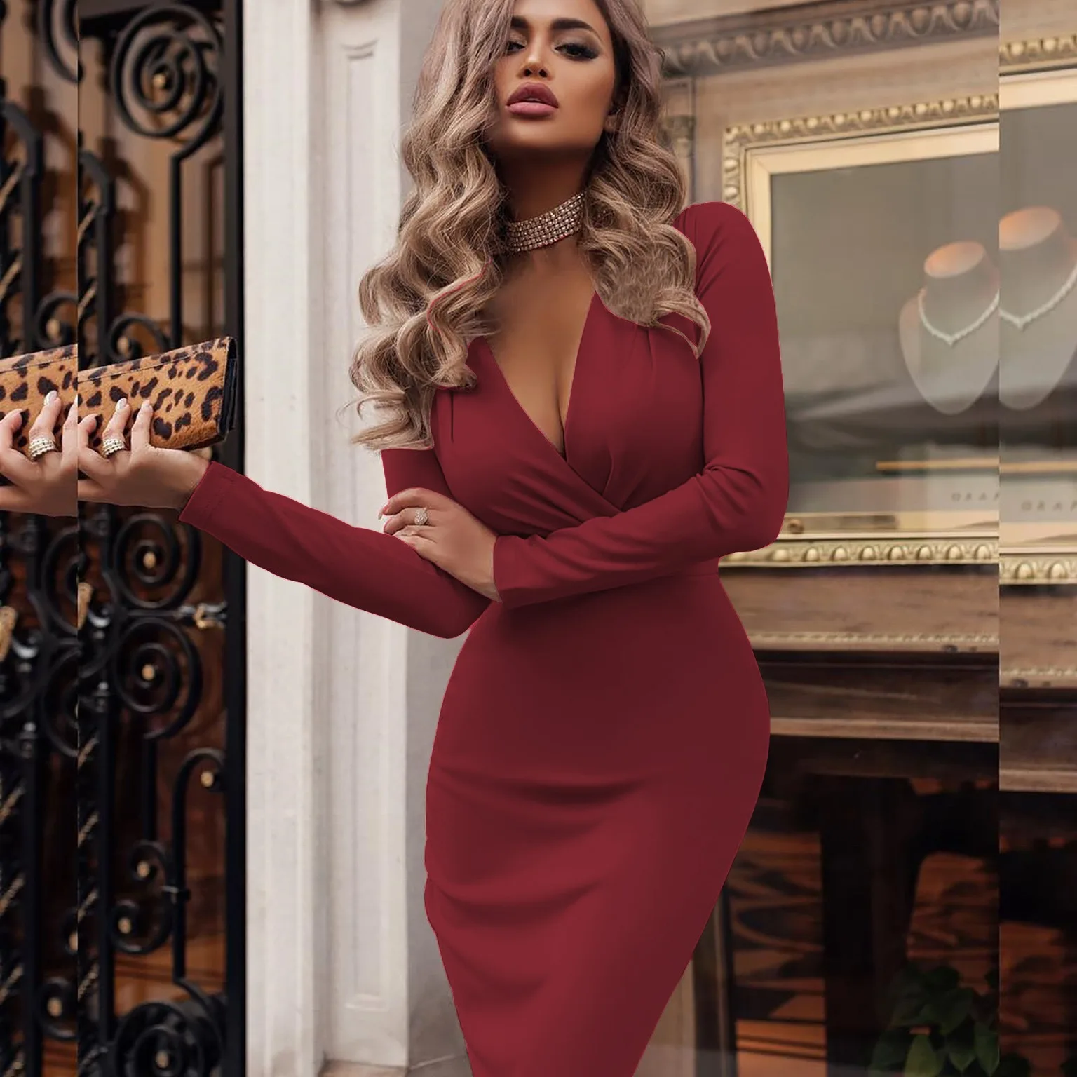 

Kleid runway New women's lange kleid dress deep V pleated bag hip long sleeve solid color damen kleid