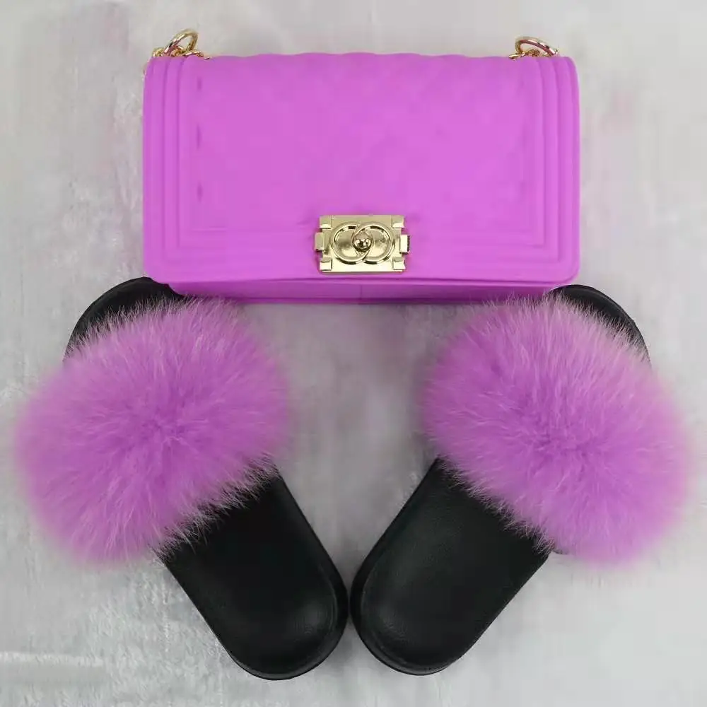 

Fashion designer PVC jelly bag and fur slide suit luxurious color matching fox fur sfur slippers and purse sets, Multi color