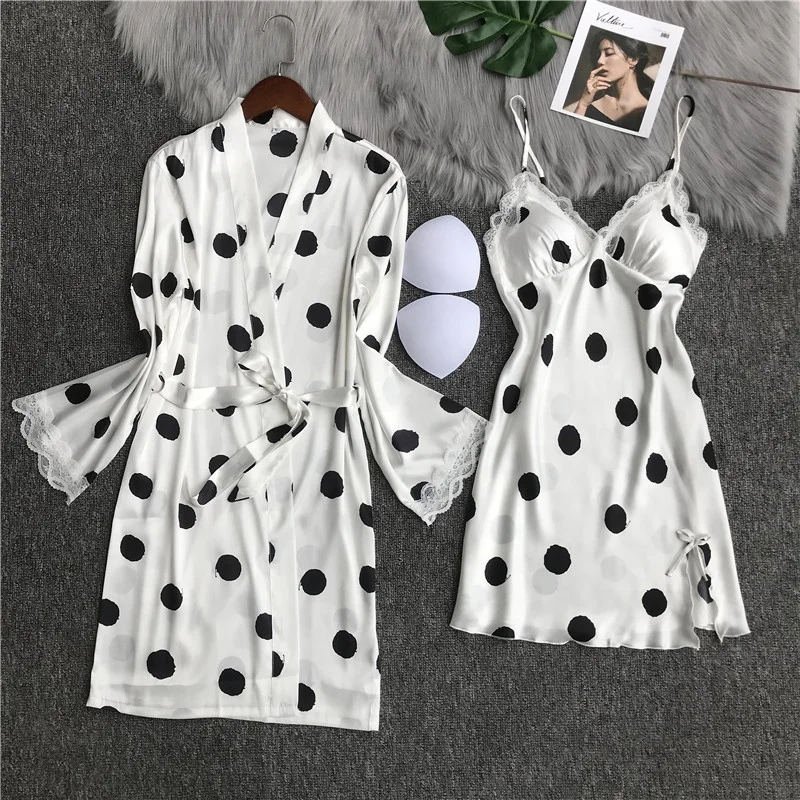 

Wholesale Girlk Spring Summer Two Pieces Dot Printed Silk Sleepwear Lace Satin Nightwear Pajamas Set