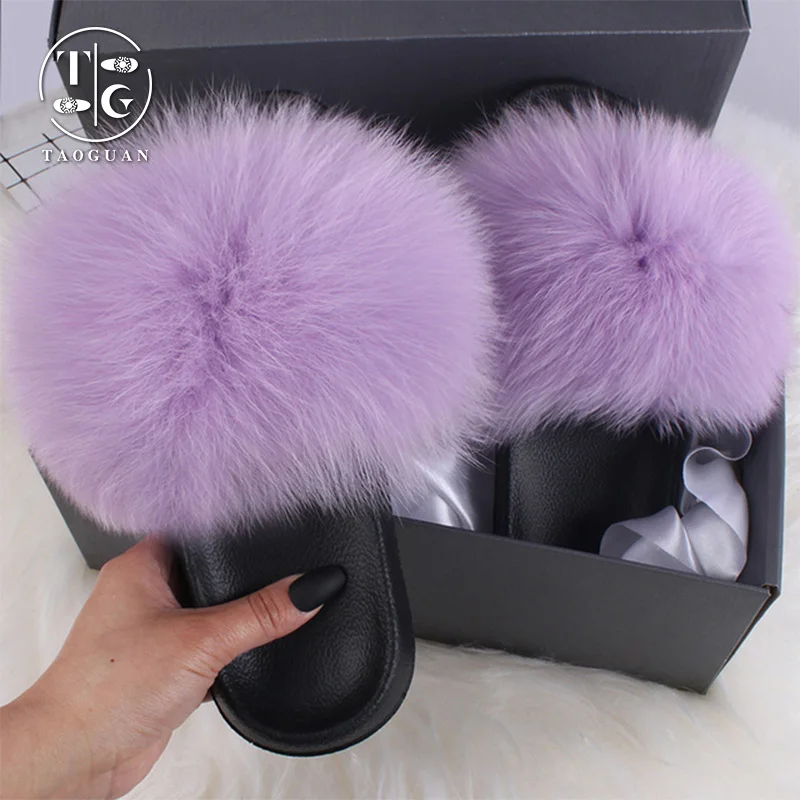 

New design wholesale furry plush fluffy real raccoon fur slides open toe summer designer women's slippers, Customized color