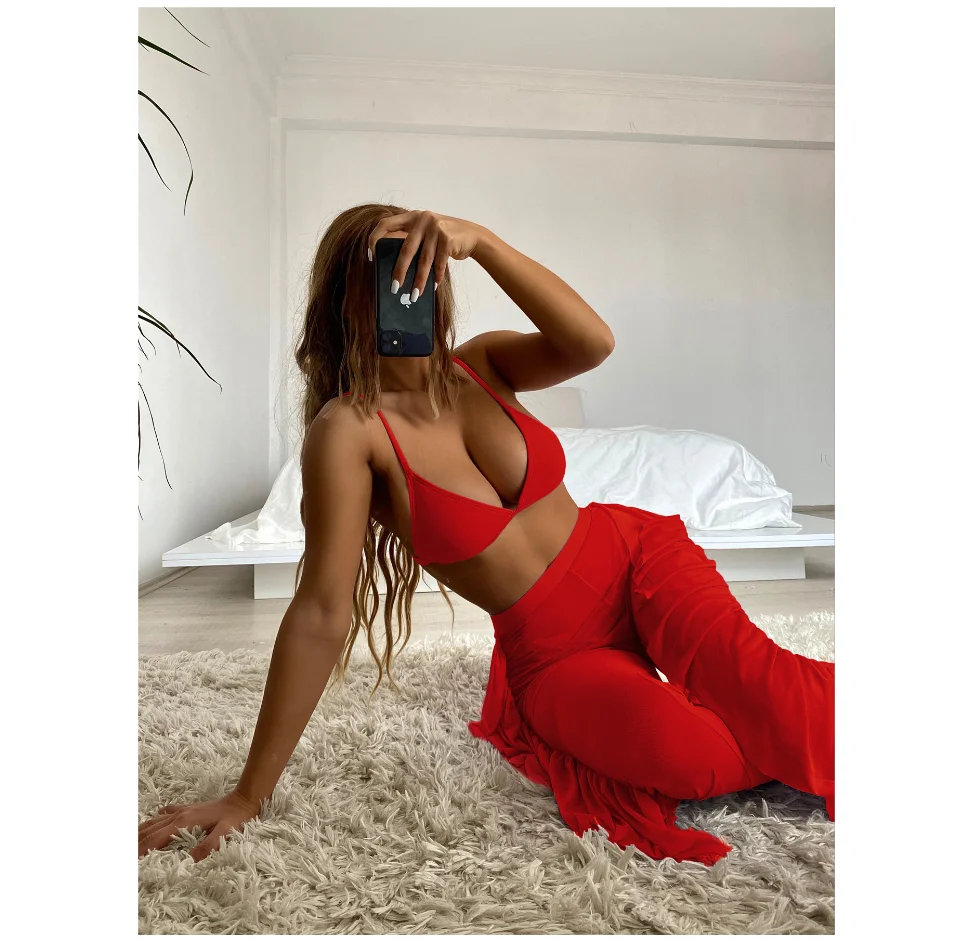 

2021 Sexy Girl Bikinis Ruffle Chiffon Pants Women Swimsuit Solid Swimwear Bathing Suit Beachwear Biquini Female 3PCS Mesh Sarong