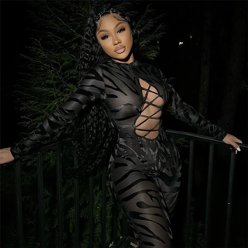 

Women Sexy Sheer Mesh Tiger Print Jumpsuit Transparent Long Sleeved Bodycon Rompers Fall Winter