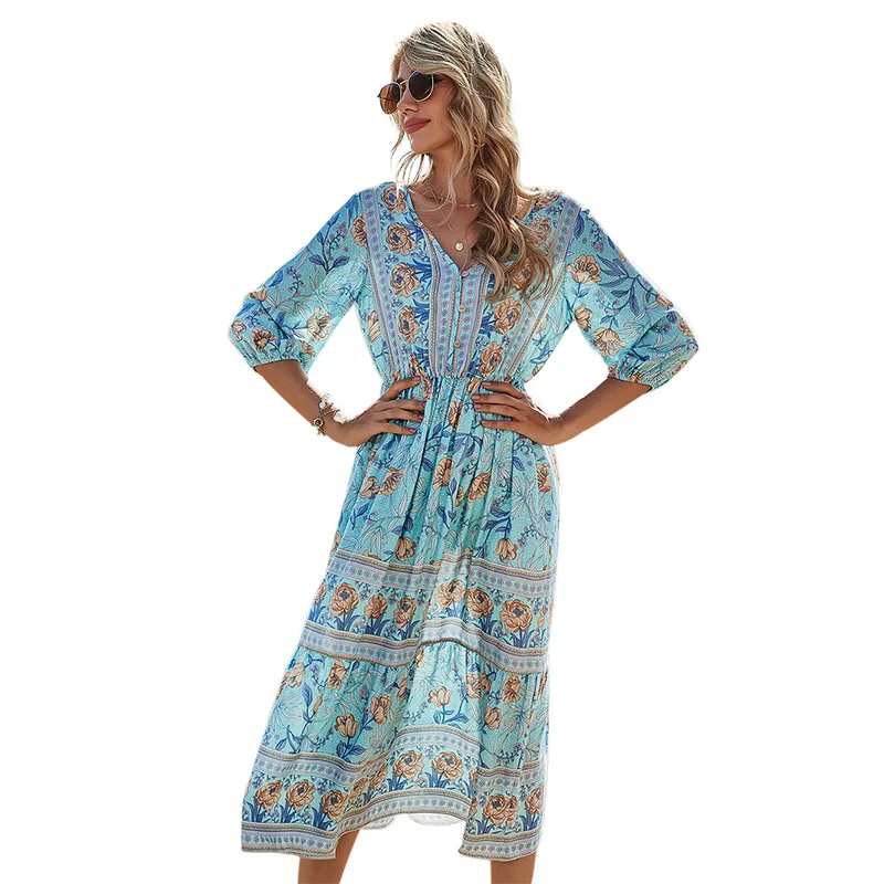 

V Neck Bohemian Long Dress Summer 2021 High Waist 100% Cotton Dresses Floral Print Chic French Dress for Women Robe Vestido