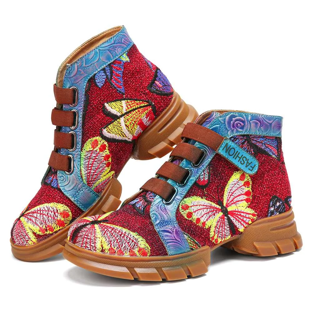 

SOCOFY Women Shoes Butterfly Embroidery Splicing Embossed Genuine Leather Fashion shoes rubber soft sole Flat Ankle Short Boots