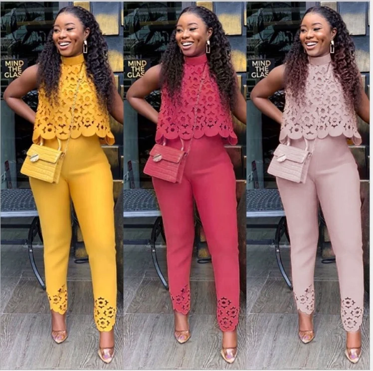 

Sleeveless ladies turkish suits Women Casual Suit African Fashion Hollow Solid Color Women Pencil pants Suit