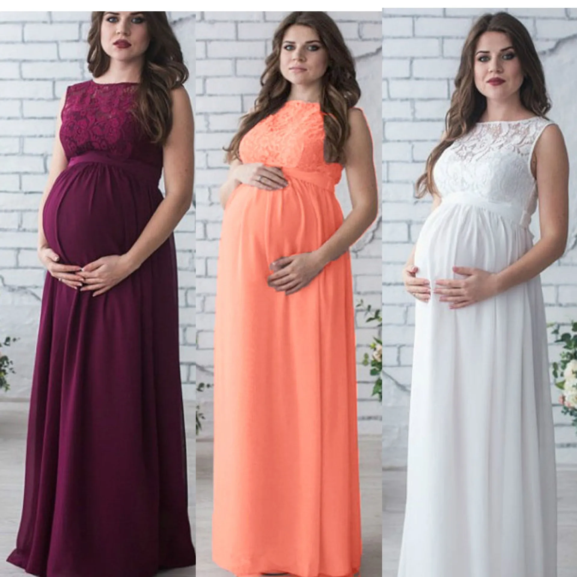 

Latest Pregnant Women Sleeveless Maternity Dresses Lace Long Mother Dresses, Pink/white/wine red