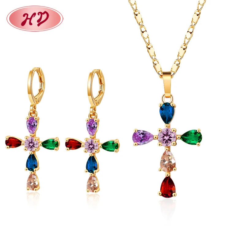 

factori price 18k plated gold cross earring necklace sets zirconia wholesale jewelri for women