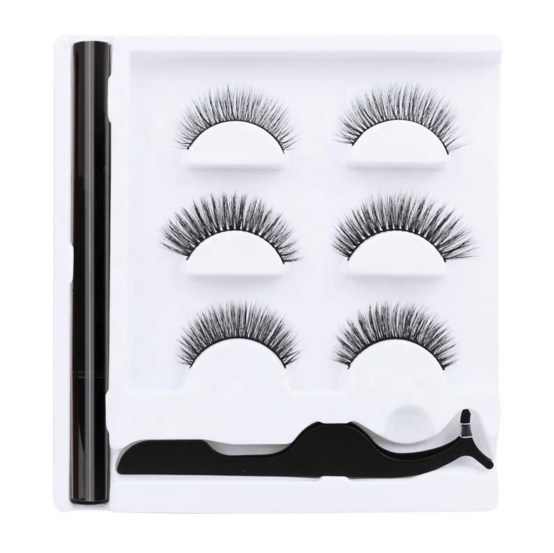 

Eyelashes Vendors 3 Pairs Packaging Box Custom Private Label Glue-free Waterproof Magnetic Liquid Eyeliner Magnetic Eyelash Set, Natural black