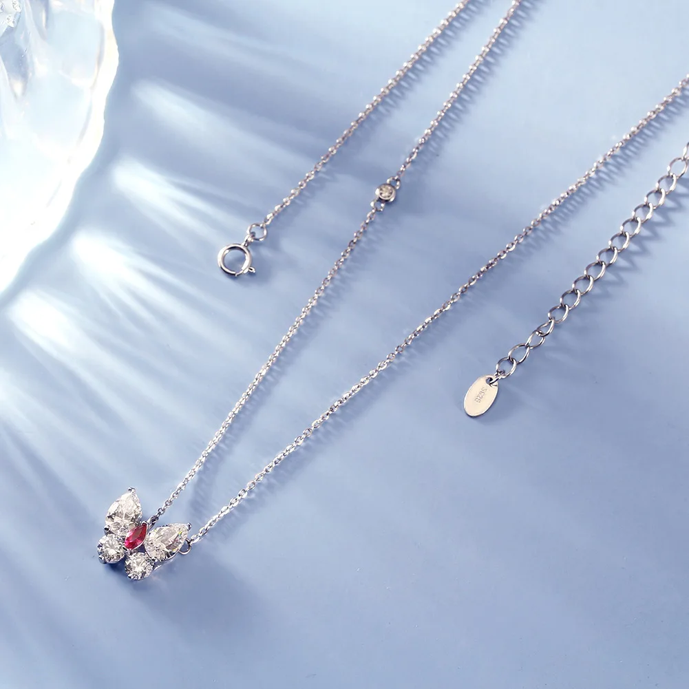 LZN08 RINNTIN Dainty Butterfly Chokers Necklace 925 Sterling Silver Created Ruby Diamond Pendant Necklaces for Women