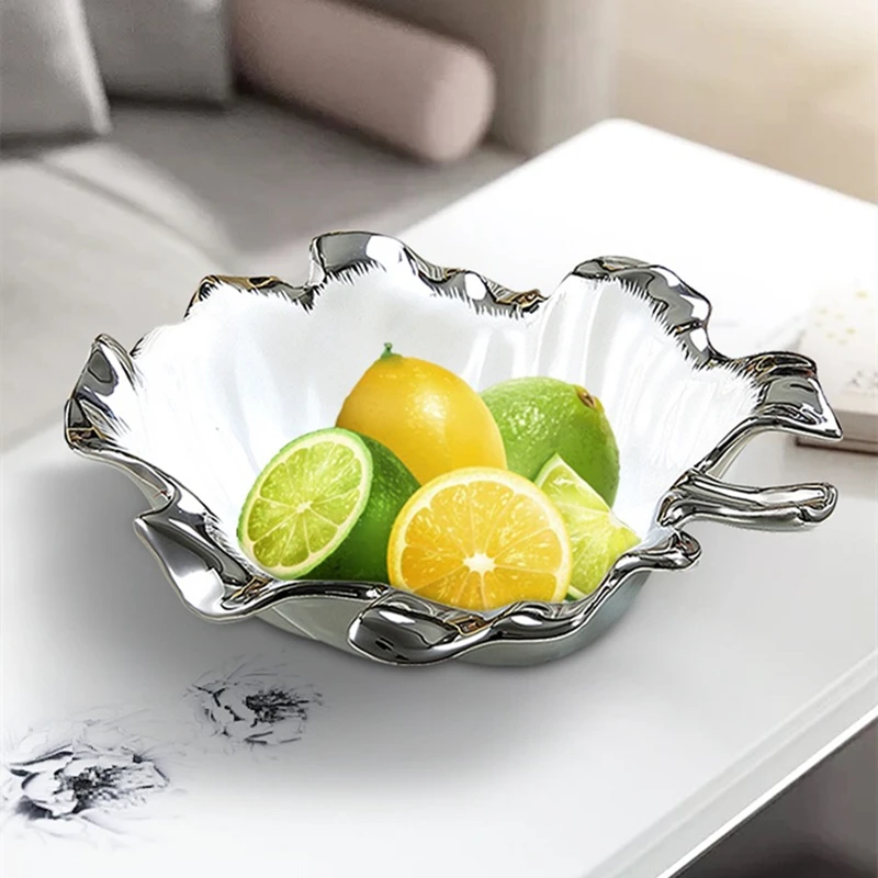 

4043 Nordic Porcelain fruit candy Plates designed unique leaf shape silver plated ceramic white dish plate